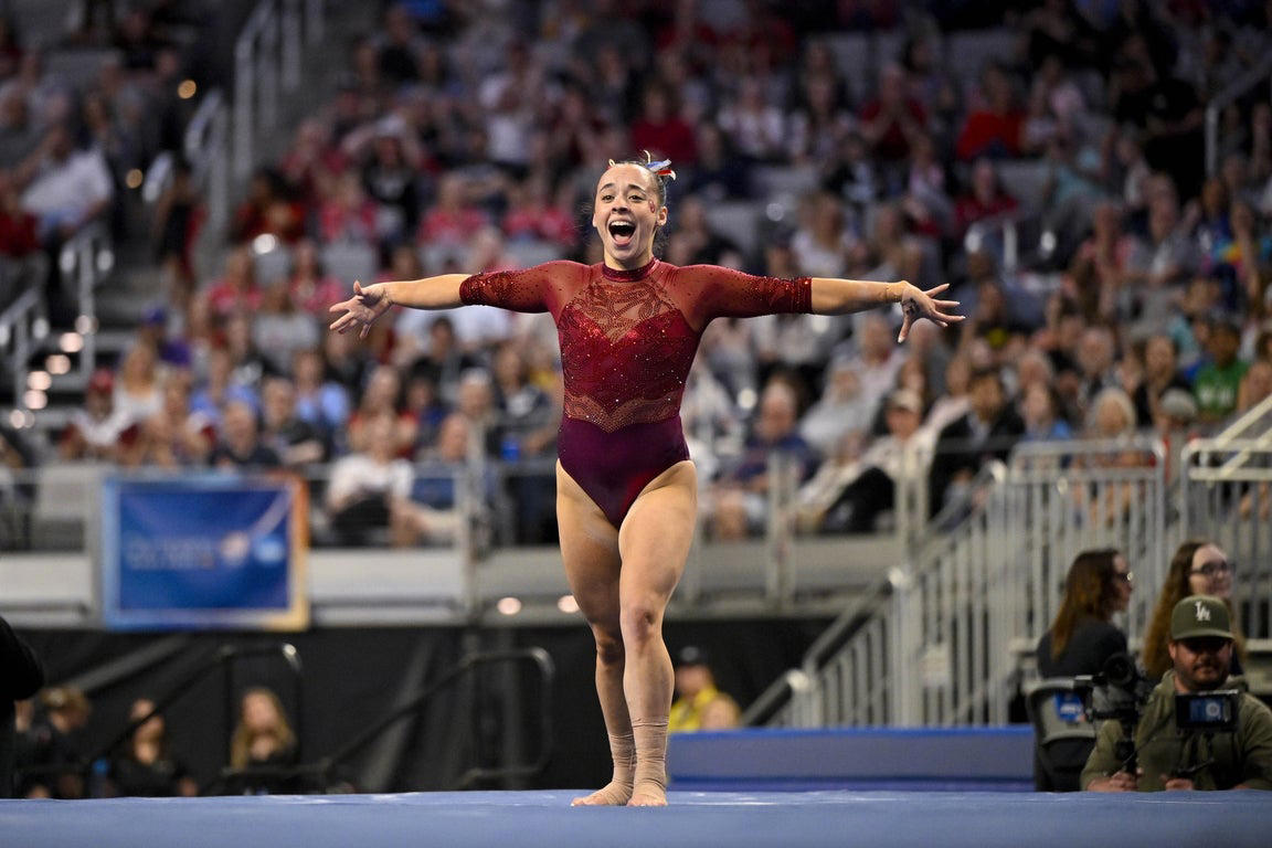 Jordan Bowers and the 2025 champion Oklahoma gymnastics team
