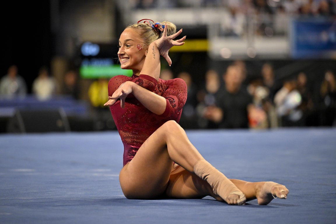 Jordan Bowers and the 2025 champion Oklahoma gymnastics team