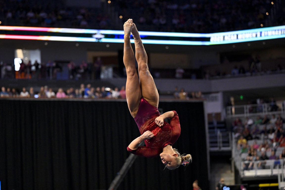 Jordan Bowers and the 2025 champion Oklahoma gymnastics team