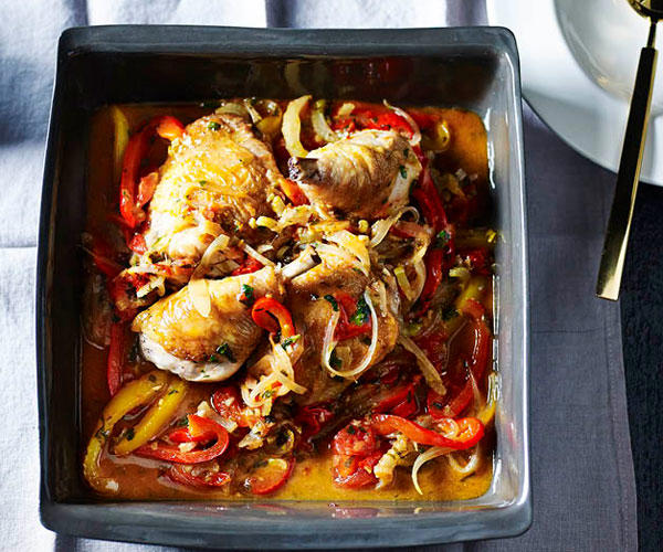 Gourmet Traveller’s best chicken tray bakes,          Cider-braised chicken with Brussels sprouts, apple and hazelnuts      ,          Baked chicken and rice with chilli and ginger dressing      ,          Chicken, carrot and orange tray bake with chive butter      ,          Pan-roasted chicken with artichokes and salad onion      ,          Leek, chorizo, cauliflower and chicken bake      ,          Harissa chicken with carrot, rice and quinoa pilaf      ,          Hawayej-spiced chicken thigh cutlets      ,          Roast chicken thighs with sourdough panzanella      ,          Roast chilli chicken with cauliflower and kale      ,          Chicken braised with cavolo nero and wine      ,          Tomato and pancetta roast chicken with green olives      