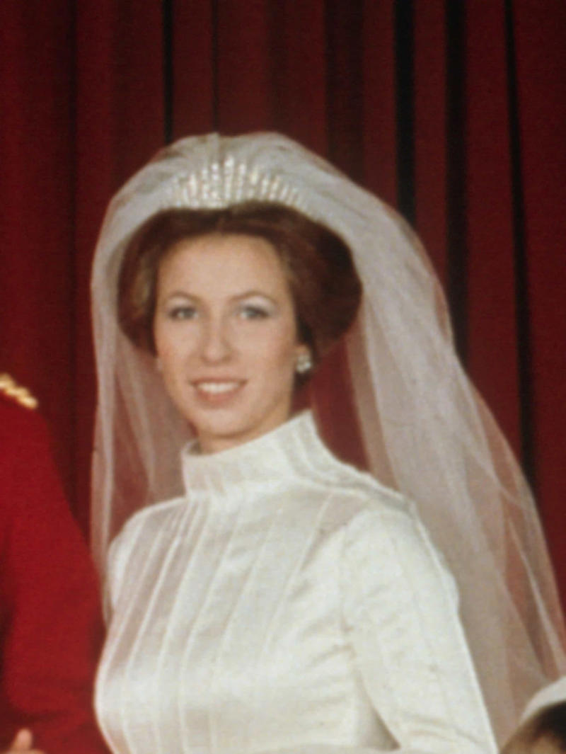 The Queen Mary Fringe tiara The Cambridge Lover's Knot, The Cartier Halo Scroll tiara, The Queen Mary Diamond Bandeau tiara, The George IV State Diadem crown, Girls of Great Britain and Ireland tiara, The Poltimore tiara, The Queen Mary Fringe tiara, The Strathmore Rose tiara, The Oriental Circlet tiara, The York tiara, The Delhi Durbar tiara, The Cubitt-Shand tiara, Princess Alice's Meander tiara, Cambridge Lover's Knot tiara, Queen Alexandra's Kokoshnik tiara, The Burmese Ruby tiara, Brazilian Aquamarine Parure tiara, earrings, and necklace, The Belgium Sapphire tiara, earrings, and necklace, Meghan Markle's engagement ring, "Granny's Chips", The Delhi Durbar necklace