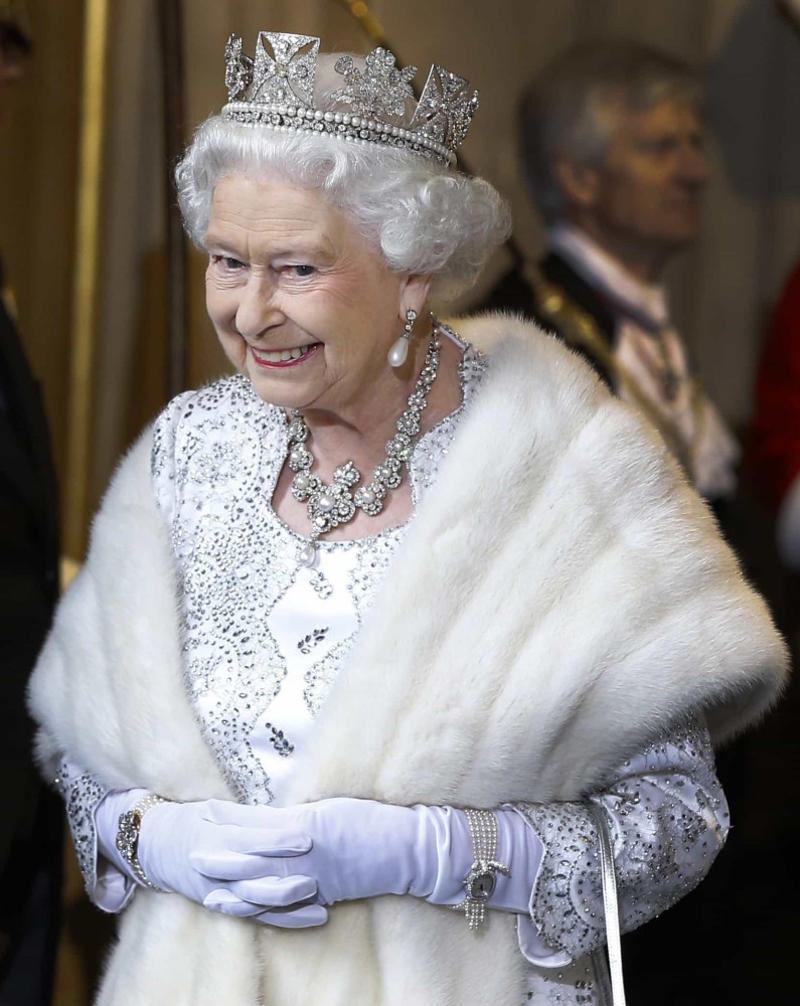 The George IV State Diadem crown The Cambridge Lover's Knot, The Cartier Halo Scroll tiara, The Queen Mary Diamond Bandeau tiara, The George IV State Diadem crown, Girls of Great Britain and Ireland tiara, The Poltimore tiara, The Queen Mary Fringe tiara, The Strathmore Rose tiara, The Oriental Circlet tiara, The York tiara, The Delhi Durbar tiara, The Cubitt-Shand tiara, Princess Alice's Meander tiara, Cambridge Lover's Knot tiara, Queen Alexandra's Kokoshnik tiara, The Burmese Ruby tiara, Brazilian Aquamarine Parure tiara, earrings, and necklace, The Belgium Sapphire tiara, earrings, and necklace, Meghan Markle's engagement ring, "Granny's Chips", The Delhi Durbar necklace