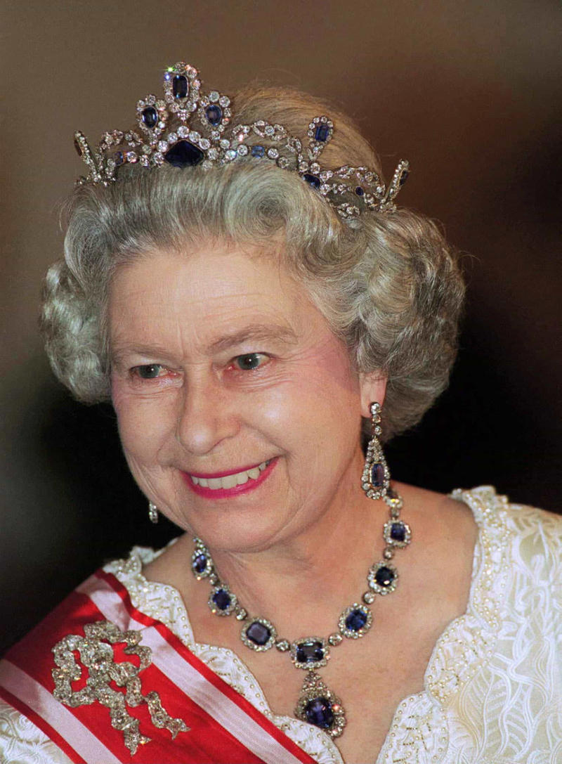 The Belgium Sapphire tiara, earrings, and necklace The Cambridge Lover's Knot, The Cartier Halo Scroll tiara, The Queen Mary Diamond Bandeau tiara, The George IV State Diadem crown, Girls of Great Britain and Ireland tiara, The Poltimore tiara, The Queen Mary Fringe tiara, The Strathmore Rose tiara, The Oriental Circlet tiara, The York tiara, The Delhi Durbar tiara, The Cubitt-Shand tiara, Princess Alice's Meander tiara, Cambridge Lover's Knot tiara, Queen Alexandra's Kokoshnik tiara, The Burmese Ruby tiara, Brazilian Aquamarine Parure tiara, earrings, and necklace, The Belgium Sapphire tiara, earrings, and necklace, Meghan Markle's engagement ring, "Granny's Chips", The Delhi Durbar necklace