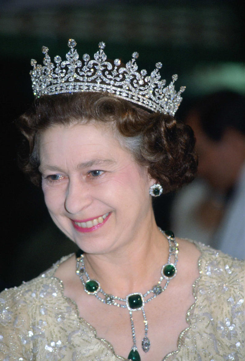 The Delhi Durbar necklace The Cambridge Lover's Knot, The Cartier Halo Scroll tiara, The Queen Mary Diamond Bandeau tiara, The George IV State Diadem crown, Girls of Great Britain and Ireland tiara, The Poltimore tiara, The Queen Mary Fringe tiara, The Strathmore Rose tiara, The Oriental Circlet tiara, The York tiara, The Delhi Durbar tiara, The Cubitt-Shand tiara, Princess Alice's Meander tiara, Cambridge Lover's Knot tiara, Queen Alexandra's Kokoshnik tiara, The Burmese Ruby tiara, Brazilian Aquamarine Parure tiara, earrings, and necklace, The Belgium Sapphire tiara, earrings, and necklace, Meghan Markle's engagement ring, "Granny's Chips", The Delhi Durbar necklace
