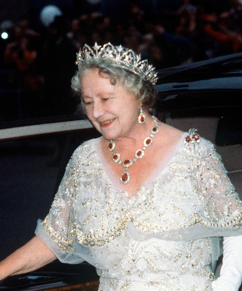 The Oriental Circlet tiara The Cambridge Lover's Knot, The Cartier Halo Scroll tiara, The Queen Mary Diamond Bandeau tiara, The George IV State Diadem crown, Girls of Great Britain and Ireland tiara, The Poltimore tiara, The Queen Mary Fringe tiara, The Strathmore Rose tiara, The Oriental Circlet tiara, The York tiara, The Delhi Durbar tiara, The Cubitt-Shand tiara, Princess Alice's Meander tiara, Cambridge Lover's Knot tiara, Queen Alexandra's Kokoshnik tiara, The Burmese Ruby tiara, Brazilian Aquamarine Parure tiara, earrings, and necklace, The Belgium Sapphire tiara, earrings, and necklace, Meghan Markle's engagement ring, "Granny's Chips", The Delhi Durbar necklace