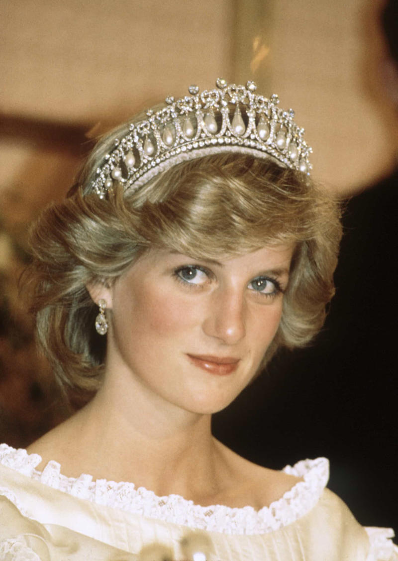 Cambridge Lover's Knot tiara The Cambridge Lover's Knot, The Cartier Halo Scroll tiara, The Queen Mary Diamond Bandeau tiara, The George IV State Diadem crown, Girls of Great Britain and Ireland tiara, The Poltimore tiara, The Queen Mary Fringe tiara, The Strathmore Rose tiara, The Oriental Circlet tiara, The York tiara, The Delhi Durbar tiara, The Cubitt-Shand tiara, Princess Alice's Meander tiara, Cambridge Lover's Knot tiara, Queen Alexandra's Kokoshnik tiara, The Burmese Ruby tiara, Brazilian Aquamarine Parure tiara, earrings, and necklace, The Belgium Sapphire tiara, earrings, and necklace, Meghan Markle's engagement ring, "Granny's Chips", The Delhi Durbar necklace