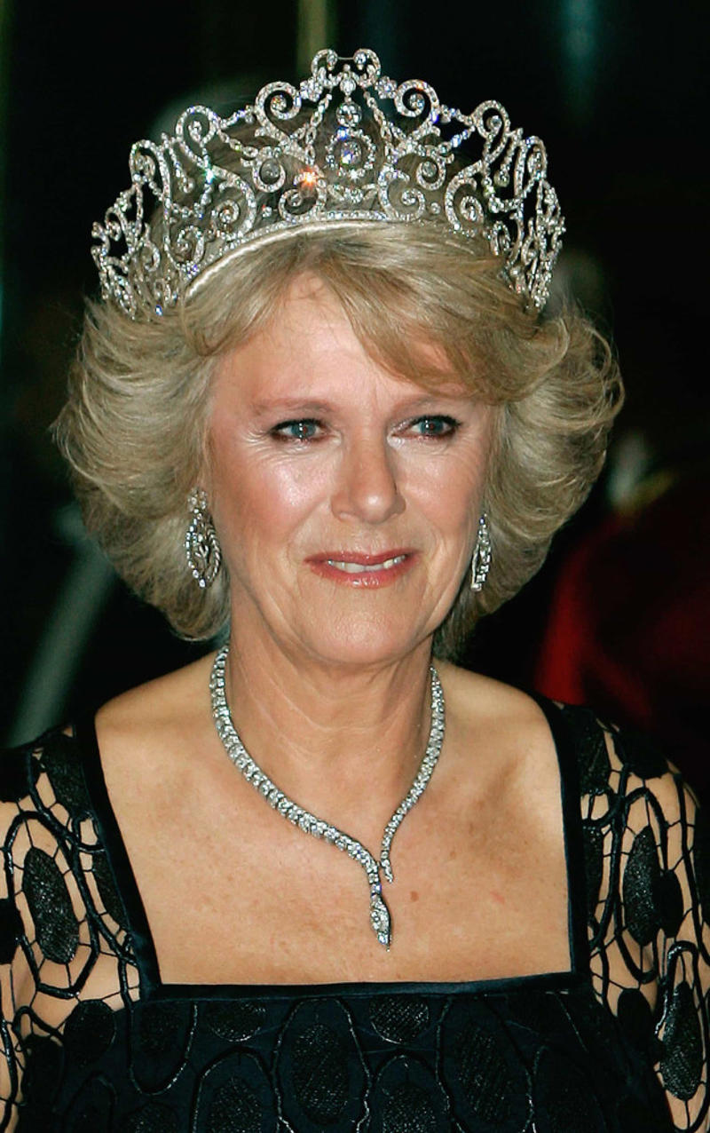 The Delhi Durbar tiara The Cambridge Lover's Knot, The Cartier Halo Scroll tiara, The Queen Mary Diamond Bandeau tiara, The George IV State Diadem crown, Girls of Great Britain and Ireland tiara, The Poltimore tiara, The Queen Mary Fringe tiara, The Strathmore Rose tiara, The Oriental Circlet tiara, The York tiara, The Delhi Durbar tiara, The Cubitt-Shand tiara, Princess Alice's Meander tiara, Cambridge Lover's Knot tiara, Queen Alexandra's Kokoshnik tiara, The Burmese Ruby tiara, Brazilian Aquamarine Parure tiara, earrings, and necklace, The Belgium Sapphire tiara, earrings, and necklace, Meghan Markle's engagement ring, "Granny's Chips", The Delhi Durbar necklace
