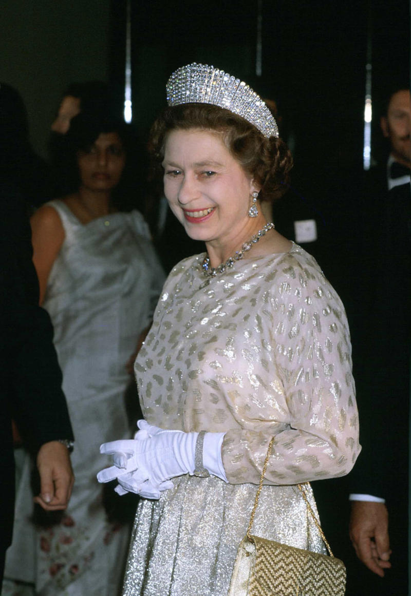 Queen Alexandra's Kokoshnik tiara The Cambridge Lover's Knot, The Cartier Halo Scroll tiara, The Queen Mary Diamond Bandeau tiara, The George IV State Diadem crown, Girls of Great Britain and Ireland tiara, The Poltimore tiara, The Queen Mary Fringe tiara, The Strathmore Rose tiara, The Oriental Circlet tiara, The York tiara, The Delhi Durbar tiara, The Cubitt-Shand tiara, Princess Alice's Meander tiara, Cambridge Lover's Knot tiara, Queen Alexandra's Kokoshnik tiara, The Burmese Ruby tiara, Brazilian Aquamarine Parure tiara, earrings, and necklace, The Belgium Sapphire tiara, earrings, and necklace, Meghan Markle's engagement ring, "Granny's Chips", The Delhi Durbar necklace