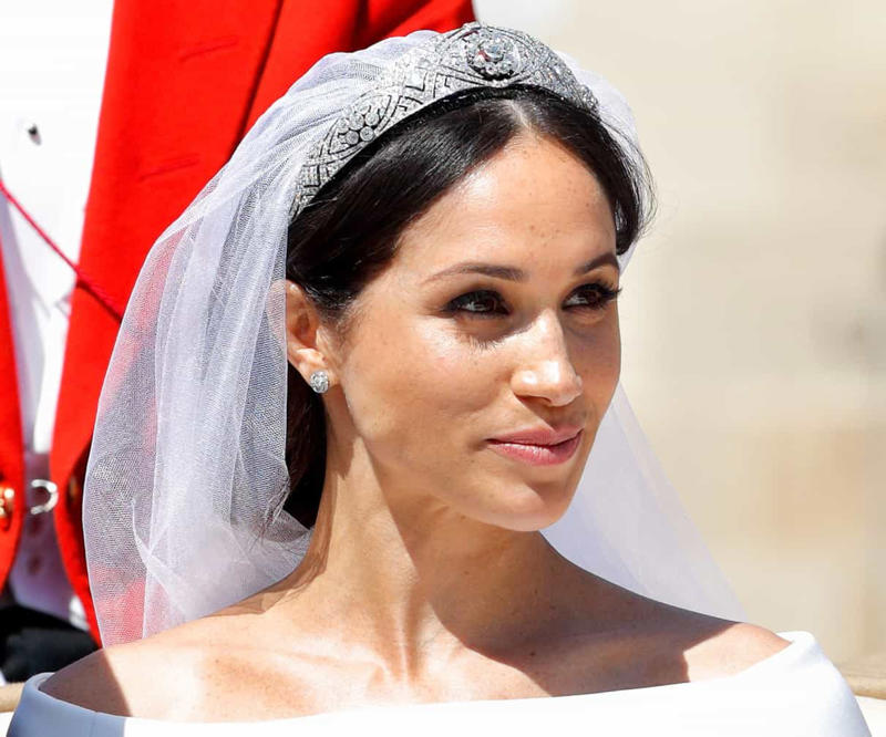 The Queen Mary Diamond Bandeau tiara The Cambridge Lover's Knot, The Cartier Halo Scroll tiara, The Queen Mary Diamond Bandeau tiara, The George IV State Diadem crown, Girls of Great Britain and Ireland tiara, The Poltimore tiara, The Queen Mary Fringe tiara, The Strathmore Rose tiara, The Oriental Circlet tiara, The York tiara, The Delhi Durbar tiara, The Cubitt-Shand tiara, Princess Alice's Meander tiara, Cambridge Lover's Knot tiara, Queen Alexandra's Kokoshnik tiara, The Burmese Ruby tiara, Brazilian Aquamarine Parure tiara, earrings, and necklace, The Belgium Sapphire tiara, earrings, and necklace, Meghan Markle's engagement ring, "Granny's Chips", The Delhi Durbar necklace