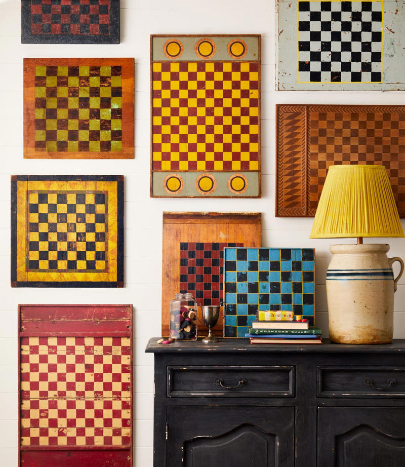 Barrister Bookcase, Micro Mosaic Frames, Andirons, Cuckoo Clocks, Bouillotte Lamps, George II Mirrors, Wooden Checker Boards, Spool Tramp Art Furniture, American Hooked Rugs
