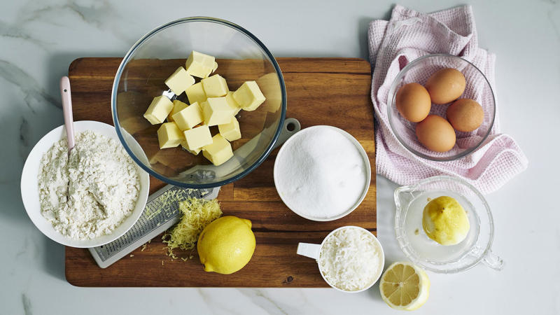 Ingredients, How to make Julie Goodwin’s lemon coconut slice (video), How long does lemon slice last?, Can you freeze lemon slice?, Where can I buy moist coconut flakes?, More Julie Goodwin baking recipes