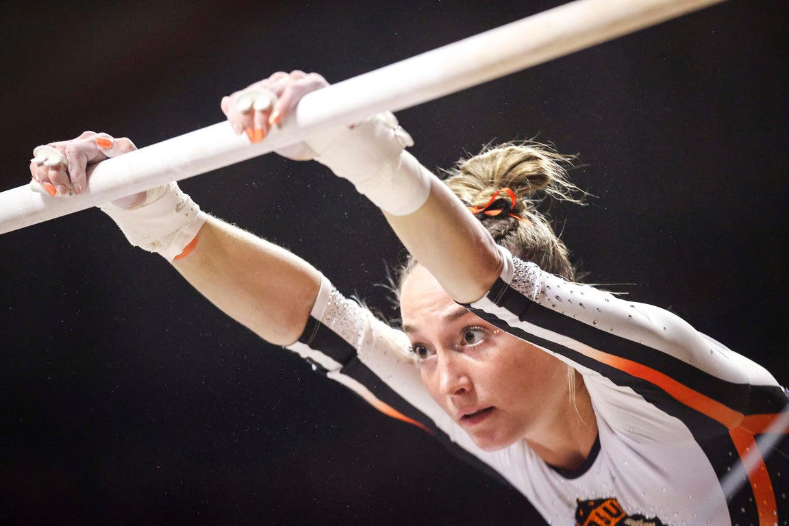 Stunning close-up photos spotlight leading collegiate women gymnasts
