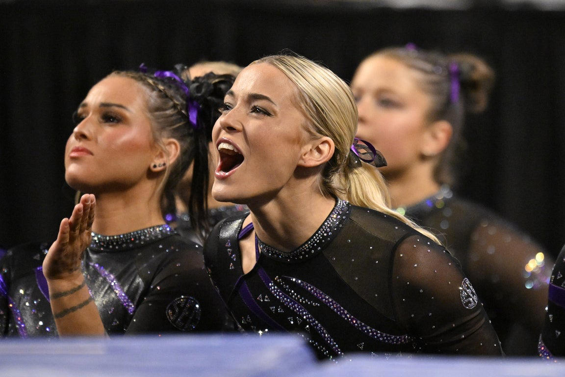Stunning close-up photos spotlight leading collegiate women gymnasts