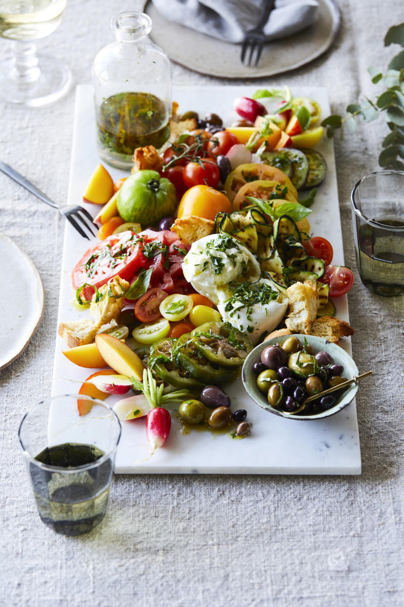 Heirloom tomato salad with grilled zucchini mozzarella, Sriracha roasted pepita and cashews with buckwheat pumpkin salad, Melon with crab salad, Chicken soba noodle salad with sesame peanut dressing, Quinoa warm brunch salad, Lentil salad with celeriac and apple, Watermelon with pistachio, nigella seeds and cardamom