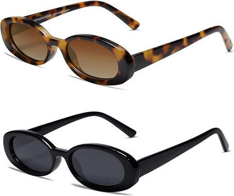 A pair of small, round polarized sunglasses , A pair of classic retro polarized sunglasses , Two pairs of rectangle sunglasses , This pair of semi-rimless sunglasses , This pair of aviators that come in nine different colors , This pair of square, cat-eye sunglasses, This pair of ‘90s-style oval sunglasses , This pair of cat-eye sunglasses , This pair of hexagonal sunglasses, Related...