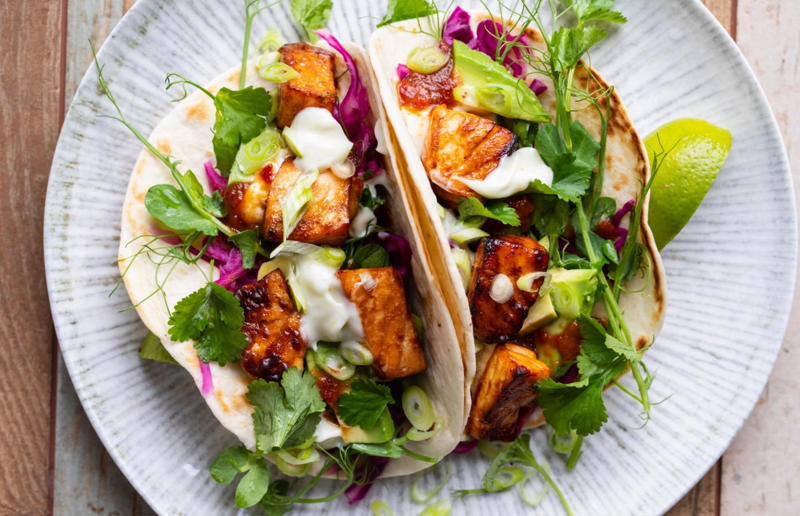 Salmon tacos Single servings, Roasted butternut squash soup, Courgette fries, Mushrooms on toast, Miso-glazed aubergine, Crispy tofu salad, Roasted salmon with asparagus, Garlicky pork chop with potato wedges, Baked fish, Prosciutto-wrapped chicken, Halloumi burger, Lamb cutlets with feta, herbs and chilli, Chicken wings with firecracker dipping sauce, Falafel salad with hummus, Salmon tacos, Fish and chips, Spaghetti and meatballs, Loaded jacket potatoes, Fish cakes, Creamy baked eggs