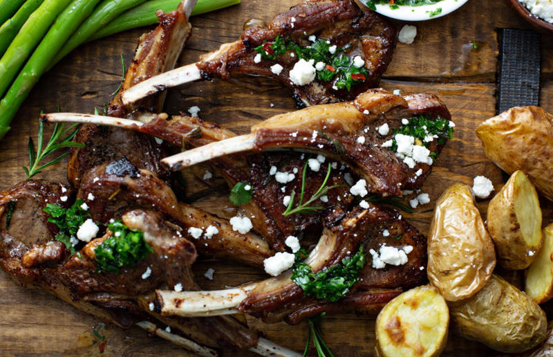 Lamb cutlets with feta, herbs and chilli Single servings, Roasted butternut squash soup, Courgette fries, Mushrooms on toast, Miso-glazed aubergine, Crispy tofu salad, Roasted salmon with asparagus, Garlicky pork chop with potato wedges, Baked fish, Prosciutto-wrapped chicken, Halloumi burger, Lamb cutlets with feta, herbs and chilli, Chicken wings with firecracker dipping sauce, Falafel salad with hummus, Salmon tacos, Fish and chips, Spaghetti and meatballs, Loaded jacket potatoes, Fish cakes, Creamy baked eggs