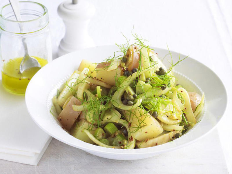 Chicken & potato salad with zesty yogurt dressing , Crispy potato salad with aioli , Spicy potato salad , Zesty yoghurt potato salad with salmon , Loaded potato salad , Prosciutto and potato salad , Quick and easy potato salad , Warm potato and broad bean salad with bacon and feta , Warm potato and chorizo salad , Warm potato and kumara salad , Barbecued potato salad with artichoke hearts in creamy mustard dressing , Chicken and potato salad , German hot potato salad , Lemon, garlic and chilli potato salad , Hayden Quinn’s Jax’s herby potato salad , Potato, tuna and egg salad , Warm potato, prawn and scallop salad , Beef, beetroot and potato salad , Warm potato and smoked trout salad , Caesar-style potato salad , Basil pesto potato salad , Potato salad with herbed cream , Warm beetroot, egg and potato salad , Balsamic potato salad , Warm kipfler potato salad , Potato, fennel and caper salad , Potato salad with green olives and dill , Potato, bean and tomato salad , Roasted salmon and warm potato salad , Potato and egg salad