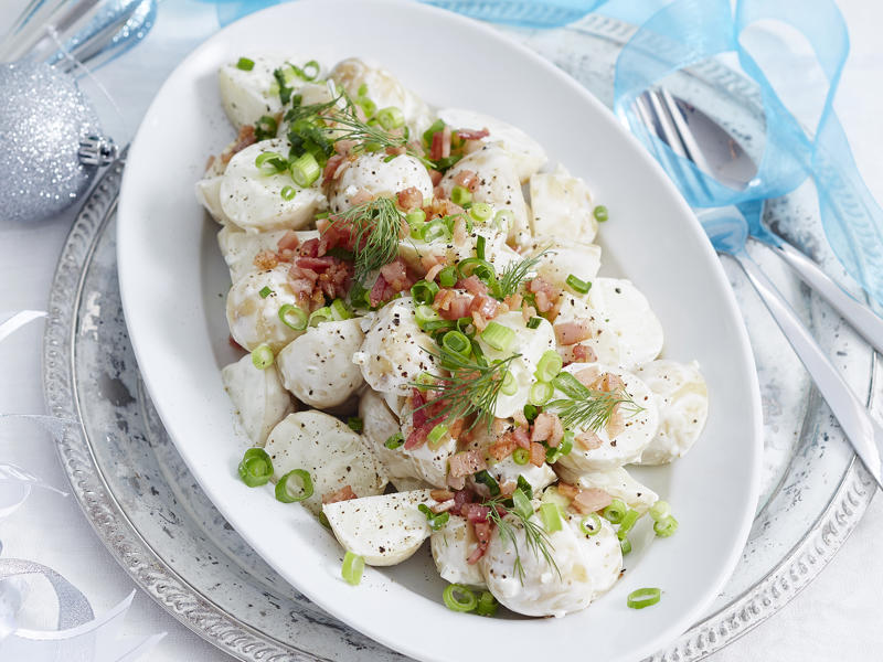 Chicken & potato salad with zesty yogurt dressing , Crispy potato salad with aioli , Spicy potato salad , Zesty yoghurt potato salad with salmon , Loaded potato salad , Prosciutto and potato salad , Quick and easy potato salad , Warm potato and broad bean salad with bacon and feta , Warm potato and chorizo salad , Warm potato and kumara salad , Barbecued potato salad with artichoke hearts in creamy mustard dressing , Chicken and potato salad , German hot potato salad , Lemon, garlic and chilli potato salad , Hayden Quinn’s Jax’s herby potato salad , Potato, tuna and egg salad , Warm potato, prawn and scallop salad , Beef, beetroot and potato salad , Warm potato and smoked trout salad , Caesar-style potato salad , Basil pesto potato salad , Potato salad with herbed cream , Warm beetroot, egg and potato salad , Balsamic potato salad , Warm kipfler potato salad , Potato, fennel and caper salad , Potato salad with green olives and dill , Potato, bean and tomato salad , Roasted salmon and warm potato salad , Potato and egg salad
