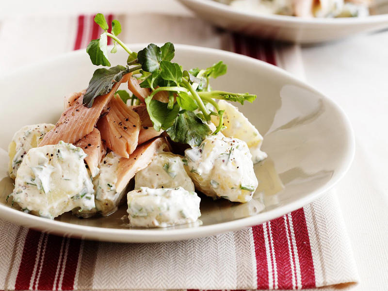 Chicken & potato salad with zesty yogurt dressing , Crispy potato salad with aioli , Spicy potato salad , Zesty yoghurt potato salad with salmon , Loaded potato salad , Prosciutto and potato salad , Quick and easy potato salad , Warm potato and broad bean salad with bacon and feta , Warm potato and chorizo salad , Warm potato and kumara salad , Barbecued potato salad with artichoke hearts in creamy mustard dressing , Chicken and potato salad , German hot potato salad , Lemon, garlic and chilli potato salad , Hayden Quinn’s Jax’s herby potato salad , Potato, tuna and egg salad , Warm potato, prawn and scallop salad , Beef, beetroot and potato salad , Warm potato and smoked trout salad , Caesar-style potato salad , Basil pesto potato salad , Potato salad with herbed cream , Warm beetroot, egg and potato salad , Balsamic potato salad , Warm kipfler potato salad , Potato, fennel and caper salad , Potato salad with green olives and dill , Potato, bean and tomato salad , Roasted salmon and warm potato salad , Potato and egg salad