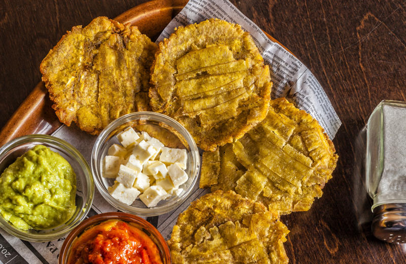 Tostones, Dominican Republic Fish and chips, England, Tequeños, Venezuela, Spanish tortilla, Spain, Gyros, Greece, Spring rolls, China, Falafel, Egypt, Cordon bleu, Switzerland, Chivito, Uruguay, Samosa, India, Boxty, Ireland, Pirozhki, Russia, Bobotie, South Africa, Tostones, Dominican Republic, Choripán, Argentina, Grilled sardines, Portugal, Rice and beans, Brazil