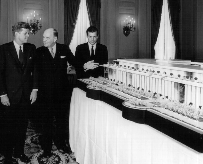 United States National Cultural Center John F. Kennedy (1917–1963), Acting on an idea, Edward Durell Stone (1902–1978), United States National Cultural Center, Name change, Costs spiral, Ground-breaking ceremony, Building work is completed, Leonard Bernstein's 'Mass', Kennedy family take center stage, Inauguration of the Eisenhower Theater, Honoring the full spectrum of performing arts, JFK centennial year, 'Art And Ideals: President John F. Kennedy', Trump makes changes, Protest and opposition