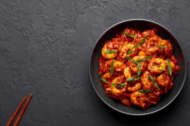 Schezwan Peri-peri, Nasi goreng, Grilled appetizer, Shrimp toast, Vol-au-vent, Linguine, Sandwich, Shrimp cocktail, Bruschetta, Stir fry, Coconut curry, Garlic, chili, citrus, Schezwan