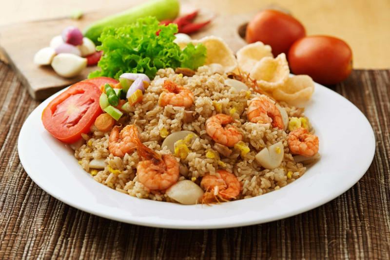 Nasi goreng Peri-peri, Nasi goreng, Grilled appetizer, Shrimp toast, Vol-au-vent, Linguine, Sandwich, Shrimp cocktail, Bruschetta, Stir fry, Coconut curry, Garlic, chili, citrus, Schezwan