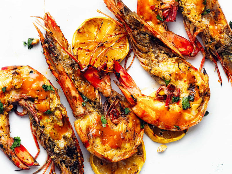 Peri-peri Peri-peri, Nasi goreng, Grilled appetizer, Shrimp toast, Vol-au-vent, Linguine, Sandwich, Shrimp cocktail, Bruschetta, Stir fry, Coconut curry, Garlic, chili, citrus, Schezwan
