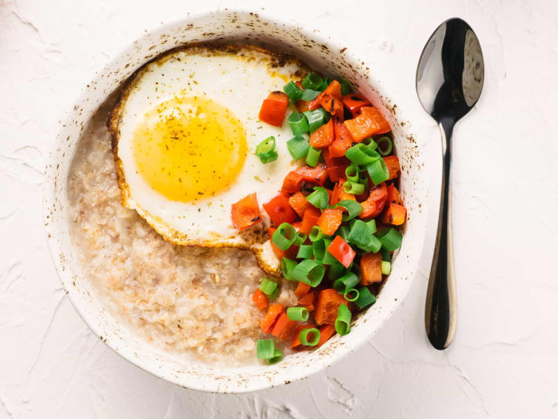 Savory oatmeal with egg Berry yogurt smoothie, Baked eggs skillet, Breakfast popsicle, Blender muffin, Savory breakfast bowl, Cheesy chaffles, Cucumber and salmon toast, Cheesy spinach baked eggs, Buckwheat porridge, One-cup pancakes, Banana and chia seed toast, Tofu scramble, Turkey breakfast patties, Savory oatmeal with egg, Butternut squash breakfast hash, Cranberry and hazelnut bread, Banana and oatmeal cup