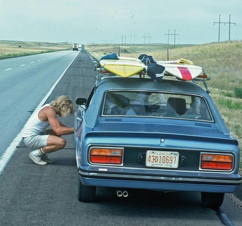 4. Flat tires are a part of the journey 1. They broke down in the middle of the desert, 1960s, 2. Taking a family trip to the Continental Divide, late '70s, 3. A late '70s road trip to Pennsylvania, 4. Flat tires are a part of the journey, 5. Family road trip, 6. A 1960s station wagon trip, 7. Roadside picnic, 1960, 8. Calling home for directions, 9. Welcome to Utah, 10. Steve McQueen and his wife, Neile Adams, 11. Family road trip, 1987, 12. Get cozy in the back of the truck, 13. A quick stop for some lunch, 14. Mom needed to stretch her legs, 15. The end of a long road trip, 16. Road trip through the redwoods, 1975, 17. A 1979 road trip to Kansas, 18. The whole family is in that car, 19. Hanging out in the camper, late '70s, 20. Another bike trip, late 1970s, 21. Is it a road trip if it's on a horse?, 22. Post-graduation road trip, 23. Pets need a bathroom break too, 24. Road tripping in the early '70s