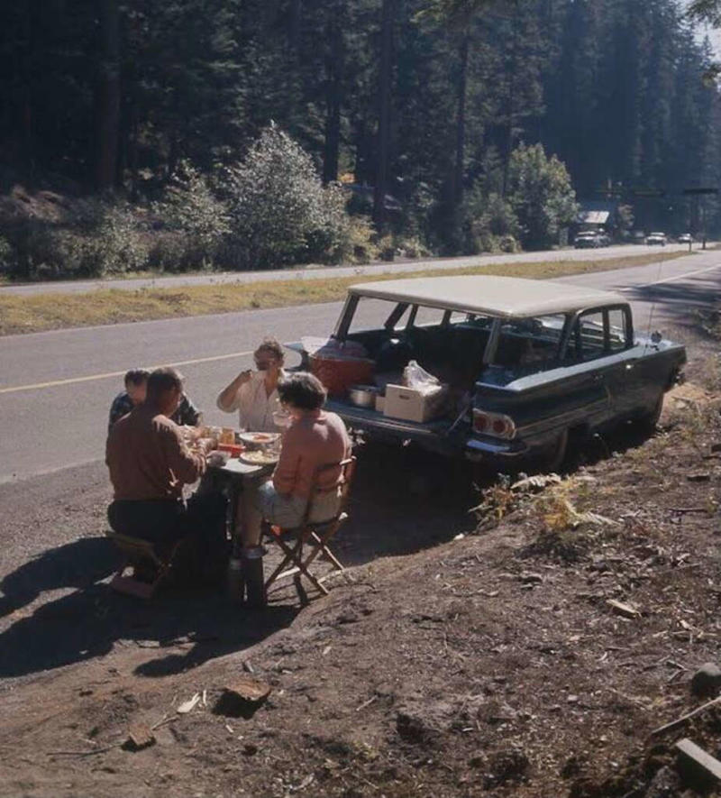 7. Roadside picnic, 1960 1. They broke down in the middle of the desert, 1960s, 2. Taking a family trip to the Continental Divide, late '70s, 3. A late '70s road trip to Pennsylvania, 4. Flat tires are a part of the journey, 5. Family road trip, 6. A 1960s station wagon trip, 7. Roadside picnic, 1960, 8. Calling home for directions, 9. Welcome to Utah, 10. Steve McQueen and his wife, Neile Adams, 11. Family road trip, 1987, 12. Get cozy in the back of the truck, 13. A quick stop for some lunch, 14. Mom needed to stretch her legs, 15. The end of a long road trip, 16. Road trip through the redwoods, 1975, 17. A 1979 road trip to Kansas, 18. The whole family is in that car, 19. Hanging out in the camper, late '70s, 20. Another bike trip, late 1970s, 21. Is it a road trip if it's on a horse?, 22. Post-graduation road trip, 23. Pets need a bathroom break too, 24. Road tripping in the early '70s