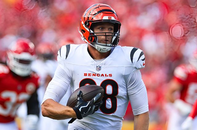 14. Mike Gesicki - Cincinnati Bengals 32. Tommy Tremble - Carolina Panthers, 31. Theo Johnson - New York Giants, 30. Brenton Strange - Jacksonville Jaguars, 29. Will Dissly - Los Angeles Chargers, 28. Chig Okonkwo - Tennessee Titans, 27. Mason Taylor - New York Jets, 26. Noah Fant - Seattle Seahawks, 25. Juwan Johnson - New Orleans Saints, 24. Hunter Henry - New England Patriots, 23. Dalton Schultz - Houston Texans, 22. Colston Loveland - Chicago Bears, 21. Cade Otton - Tampa Bay Buccaneers, 20. Tyler Higbee - Los Angeles Rams, 19. Dalton Kincaid - Buffalo Bills, 18. Tucker Kraft - Green Bay Packers, 17. Tyler Warren - Indianapolis Colts, 16. Kyle Pitts - Atlanta Falcons, 15. Jake Ferguson - Dallas Cowboys, 14. Mike Gesicki - Cincinnati Bengals, 13. Zach Ertz - Washington Commanders, 12. Pat Freiermuth - Pittsburgh Steelers, 11. Mark Andrews - Baltimore Ravens, 10. Evan Engram - Denver Broncos, 9. Dallas Goedert - Philadelphia Eagles, 8. Jonnu Smith - Miami Dolphins, 7. David Njoku - Cleveland Browns, 6. T.J. Hockenson - Minnesota Vikings, 5. Travis Kelce - Kansas City Chiefs, 4. Sam LaPorta - Detroit Lions, 3. Trey McBride - Arizona Cardinals, 2. Brock Bowers - Las Vegas Raiders, 1. George Kittle - San Francisco 49ers
