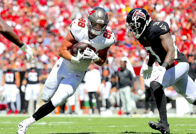 21. Cade Otton - Tampa Bay Buccaneers 32. Tommy Tremble - Carolina Panthers, 31. Theo Johnson - New York Giants, 30. Brenton Strange - Jacksonville Jaguars, 29. Will Dissly - Los Angeles Chargers, 28. Chig Okonkwo - Tennessee Titans, 27. Mason Taylor - New York Jets, 26. Noah Fant - Seattle Seahawks, 25. Juwan Johnson - New Orleans Saints, 24. Hunter Henry - New England Patriots, 23. Dalton Schultz - Houston Texans, 22. Colston Loveland - Chicago Bears, 21. Cade Otton - Tampa Bay Buccaneers, 20. Tyler Higbee - Los Angeles Rams, 19. Dalton Kincaid - Buffalo Bills, 18. Tucker Kraft - Green Bay Packers, 17. Tyler Warren - Indianapolis Colts, 16. Kyle Pitts - Atlanta Falcons, 15. Jake Ferguson - Dallas Cowboys, 14. Mike Gesicki - Cincinnati Bengals, 13. Zach Ertz - Washington Commanders, 12. Pat Freiermuth - Pittsburgh Steelers, 11. Mark Andrews - Baltimore Ravens, 10. Evan Engram - Denver Broncos, 9. Dallas Goedert - Philadelphia Eagles, 8. Jonnu Smith - Miami Dolphins, 7. David Njoku - Cleveland Browns, 6. T.J. Hockenson - Minnesota Vikings, 5. Travis Kelce - Kansas City Chiefs, 4. Sam LaPorta - Detroit Lions, 3. Trey McBride - Arizona Cardinals, 2. Brock Bowers - Las Vegas Raiders, 1. George Kittle - San Francisco 49ers