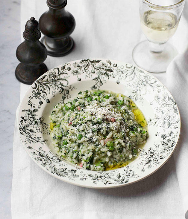 Our favourite risotto recipes,          Barbaresco risotto with Gorgonzola      ,          Fico’s pea risotto with buffalo mozzarella and spring herbs      ,          Pumpkin and vermouth risotto with parmesan and mascarpone      ,          Mushroom and mascarpone risotto      ,          Cauliflower and Taleggio risotto with anchovy pangrattato      ,          Enrico Tomelleri’s risotto with pumpkin, Gorgonzola and brown butter      ,          Jacques Reymond’s snail and smoked sausage risotto with walnuts and Comté      ,          Rabbit with pearl barley risotto and rosemary jus      ,          Basic risotto      