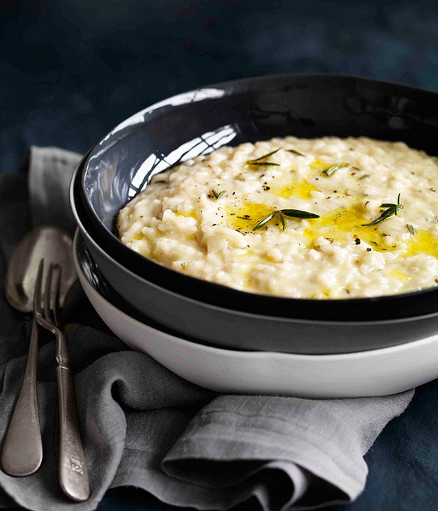 Our favourite risotto recipes,          Barbaresco risotto with Gorgonzola      ,          Fico’s pea risotto with buffalo mozzarella and spring herbs      ,          Pumpkin and vermouth risotto with parmesan and mascarpone      ,          Mushroom and mascarpone risotto      ,          Cauliflower and Taleggio risotto with anchovy pangrattato      ,          Enrico Tomelleri’s risotto with pumpkin, Gorgonzola and brown butter      ,          Jacques Reymond’s snail and smoked sausage risotto with walnuts and Comté      ,          Rabbit with pearl barley risotto and rosemary jus      ,          Basic risotto      