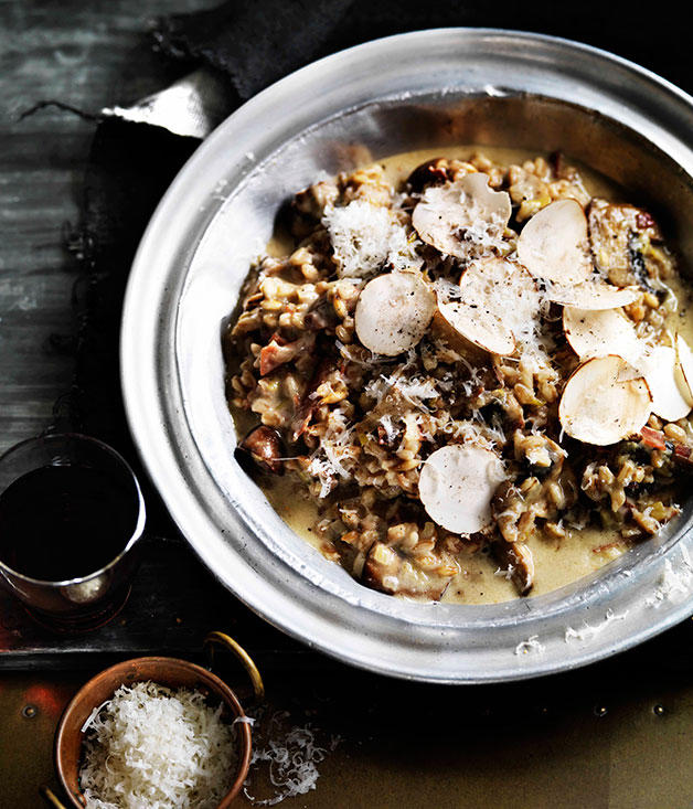 Our favourite risotto recipes,          Barbaresco risotto with Gorgonzola      ,          Fico’s pea risotto with buffalo mozzarella and spring herbs      ,          Pumpkin and vermouth risotto with parmesan and mascarpone      ,          Mushroom and mascarpone risotto      ,          Cauliflower and Taleggio risotto with anchovy pangrattato      ,          Enrico Tomelleri’s risotto with pumpkin, Gorgonzola and brown butter      ,          Jacques Reymond’s snail and smoked sausage risotto with walnuts and Comté      ,          Rabbit with pearl barley risotto and rosemary jus      ,          Basic risotto      