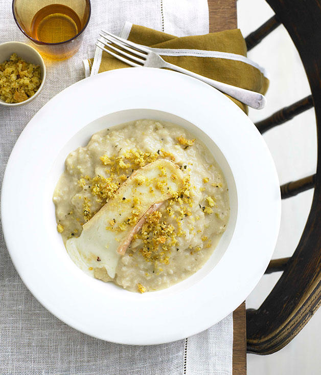 Our favourite risotto recipes,          Barbaresco risotto with Gorgonzola      ,          Fico’s pea risotto with buffalo mozzarella and spring herbs      ,          Pumpkin and vermouth risotto with parmesan and mascarpone      ,          Mushroom and mascarpone risotto      ,          Cauliflower and Taleggio risotto with anchovy pangrattato      ,          Enrico Tomelleri’s risotto with pumpkin, Gorgonzola and brown butter      ,          Jacques Reymond’s snail and smoked sausage risotto with walnuts and Comté      ,          Rabbit with pearl barley risotto and rosemary jus      ,          Basic risotto      