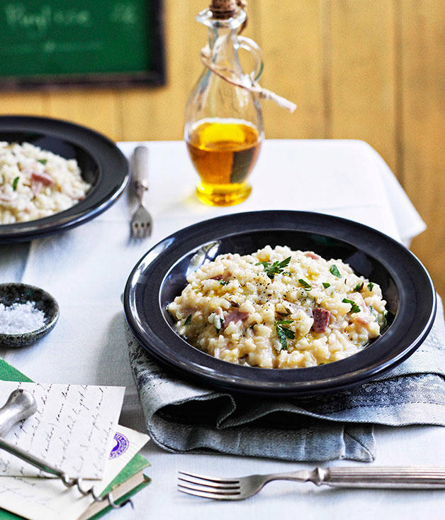 Our favourite risotto recipes,          Barbaresco risotto with Gorgonzola      ,          Fico’s pea risotto with buffalo mozzarella and spring herbs      ,          Pumpkin and vermouth risotto with parmesan and mascarpone      ,          Mushroom and mascarpone risotto      ,          Cauliflower and Taleggio risotto with anchovy pangrattato      ,          Enrico Tomelleri’s risotto with pumpkin, Gorgonzola and brown butter      ,          Jacques Reymond’s snail and smoked sausage risotto with walnuts and Comté      ,          Rabbit with pearl barley risotto and rosemary jus      ,          Basic risotto      
