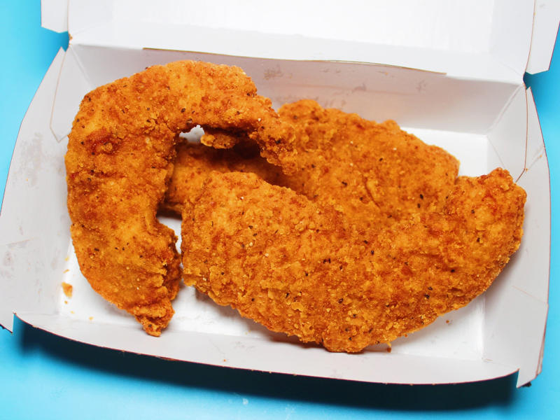 McDonald's just launched its new McCrispy Strips. The chicken tenders were large and perfectly fried., The chicken tenders were crispy on the outside., However, there wasn't an abundance of chicken meat inside., Smashburger's chicken tenders were just slightly too fried for my liking., The chicken tenders, overall, tasted dry, even when paired with sauce., Next up were the crispy chicken tenders from Sonic Drive-In., The chicken tenders were evenly fried but on the thinner side., My ninth favorite chicken tenders came from Popeyes., The chicken tenders from Popeyes were crispy, flaky, and crunchy., The meat inside was flaky and moist as well., I thought the chicken tenders from Bojangles were flavorful and super crispy., I thought the chicken tenders were a good size., McDonald's just launched its new McCrispy Strips., The breading was relatively thin, but very crispy., The chicken strips packed a lot of flavor., Chick-fil-A's chicken tenders were perfectly crispy and juicy., The chicken tenders were nicely fried but still juicy on the inside., Wingstop's chicken tenders came in third place., The chicken tenders were large and well-breaded., These tenders were filled with real chicken., My second favorite chicken tenders came from Zaxby's., The chicken tenders were super crispy.
