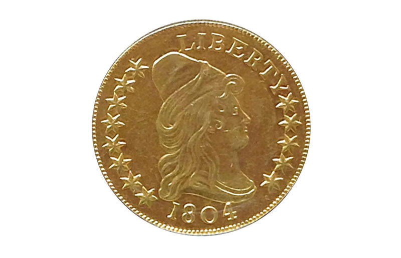 25. 350-300 BC Pantikapaion Gold Stater: .8 million (.3m/£4m today), 24. 1740 Ivan VI Pattern Silver Rouble: .86 million (.4m/£4.1m today), 23. 1804 Draped Bust Silver Dollar Class I MHQG Specimen: .88 million (.3m/£4m today), 22. 1885 Trade Dollar: .96 million (m/£3.8m today), 21. 1898 Single 9 Pond:  million (.9m/£4.4m today), 20. 2007  Million Canadian Gold Maple Leaf:  million (.9m/£4.4m today), 19. 42 BC Aureus of Marcus Junius Brutus: .2 million (.2m/£3.9m today), 18. 1913 Liberty Head Nickel Walton Specimen: .2 million (£3.2m), 17. 1907 Saint-Gaudens Double Eagle Ultra High Relief: .32 million (£3.2m), 16. 1907 Saint-Gaudens Double Eagle Ultra High Relief: .75 million (.6m/£4.2m today), 15. 723 Umayyad Gold Dinar: .78 million (m/£4.5m today), 14. 1913 Liberty Head Nickel Eliasberg Specimen:  million (.7m/£5.8m today), 13. 1787 Brasher Doubloon EB Punch on Wing:  million (.4m/£4.8m today), 12. 1804 Plain Four Draped Bust Eagle: .28 million (.2m/£4.7m today), 11. 1870 Three-Dollar Piece: .52 million (.5m/£4.9m today), 10. 723 Umayyad Gold Dinar:  million (.5m/£6.4m today), 9. 1794 Flowing Hair Silver Dollar Lord St Oswald Specimen: .6 million (.6m/£6.4m today), 8. 1903 Fengtien Tael: .9 million (£5.2m), 7. 1861 Paquet Liberty Head Double Eagle: .2 million (.5m/£6.4m today), 6. 1787 Brasher Doubloon EB Punch on Breast: .4 million (.5m/£7.9m today), 5. 1804 Draped Bust Silver Dollar Class I Childs-Pogue Specimen: .68 million (.1m/£6.8m today), 4. 1822 Half Eagle Eliasberg-Pogue Specimen: .4 million (.9m/£7.4m today), 3. 1787 Brasher Doubloon EB Punch on Wing: .36 million (.1m/£8.3m today), 2. 1794 Flowing Hair Silver Dollar Neil-Carter Specimen:  million (£9m)