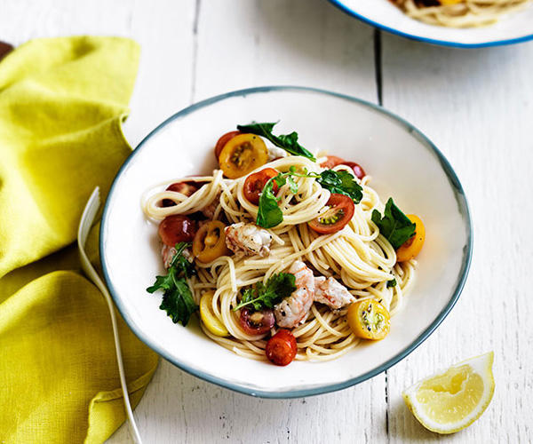 The best prawn pasta recipes, 2025,          Pendolino’s spaghetti con pesce d’acqua dolce (spaghetti with freshwater fish)      ,          Fried cavolo nero and peppered prawn gnocchi with pancetta      ,          Summer paccheri with prawns, tomato and pickled chilli      ,          Bucatini with prawn fra diavolo      ,          One Ford Street’s spelt maltagliati with tiger prawns and shellfish sauce      ,          Penne with prawns and fra diavolo sauce      ,          Mitch Orr’s squid-ink gnochetti Sardi with prawns and ’nduja      ,          Philipa Sibley’s spaghettini, prawns, charred corn, green chilli, black garlic      