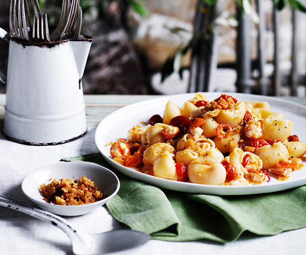 The best prawn pasta recipes, 2025,          Pendolino’s spaghetti con pesce d’acqua dolce (spaghetti with freshwater fish)      ,          Fried cavolo nero and peppered prawn gnocchi with pancetta      ,          Summer paccheri with prawns, tomato and pickled chilli      ,          Bucatini with prawn fra diavolo      ,          One Ford Street’s spelt maltagliati with tiger prawns and shellfish sauce      ,          Penne with prawns and fra diavolo sauce      ,          Mitch Orr’s squid-ink gnochetti Sardi with prawns and ’nduja      ,          Philipa Sibley’s spaghettini, prawns, charred corn, green chilli, black garlic      