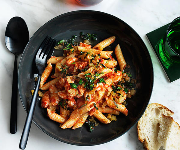 The best prawn pasta recipes, 2025,          Pendolino’s spaghetti con pesce d’acqua dolce (spaghetti with freshwater fish)      ,          Fried cavolo nero and peppered prawn gnocchi with pancetta      ,          Summer paccheri with prawns, tomato and pickled chilli      ,          Bucatini with prawn fra diavolo      ,          One Ford Street’s spelt maltagliati with tiger prawns and shellfish sauce      ,          Penne with prawns and fra diavolo sauce      ,          Mitch Orr’s squid-ink gnochetti Sardi with prawns and ’nduja      ,          Philipa Sibley’s spaghettini, prawns, charred corn, green chilli, black garlic      