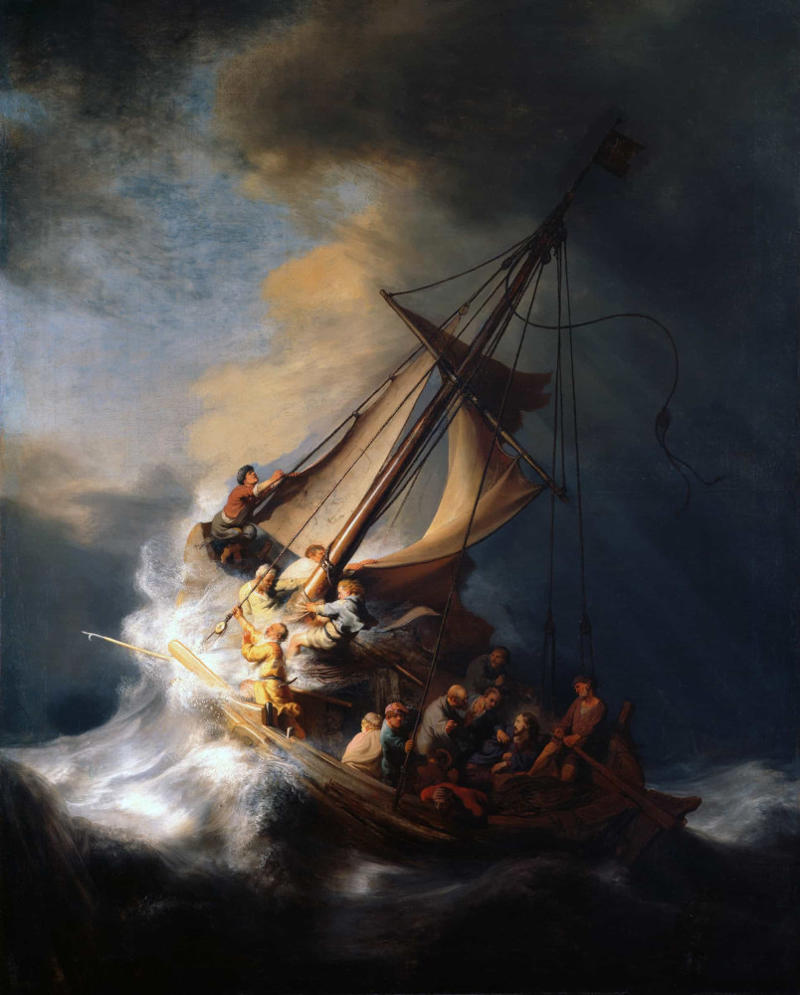 'The Storm on the Sea of Galilee' 'Mona Lisa', 'The Storm on the Sea of Galilee', 'Bal du moulin de la Galette', 'Salvator Mundi', 'The Last Supper', 'Girl with a Pearl Earring', 'Las Meninas', 'The Fighting Temeraire', 'Impression, Sunrise', 'Whistler's Mother', 'The Starry Night', 'The Hay Wain', 'Arnolfini Portrait', 'A Sunday Afternoon on the Island of La Grande Jatte'