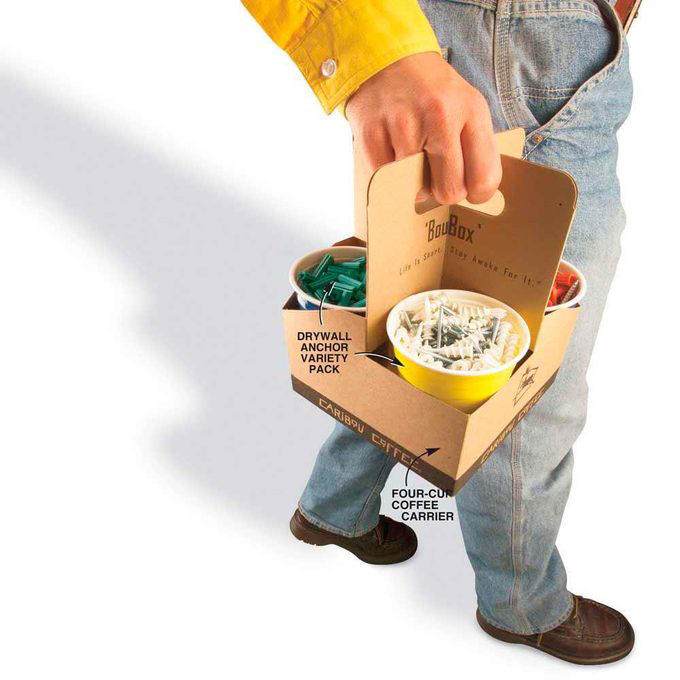 Coffee container, Hose reel, Ice trays, Foam beverage can holders, Use a pool noodle inside a drawer, 5-Gallon buckets, Paper tubes, Toothbrushes, Tennis balls, Milk jugs, Clamshell containers, Pipe insulation, Wine bottle, Gutter garden, Curtain rods, Mesh produce bag, Save your containers, PVC piping, Old clothing, Used or leftover building materials, Old rake, Packing peanuts, Use an old eyeglass case for hardware storage, Gardening tool hack, Wine cork caulk saver, Pop tops, Old sneaker, Bread tabs, Pie plate, Egg cartons, Tape containers, Wine box shoe storage, Garden hose, Old gloves, Three-ring binder spine, Painter’s plastic, Coffee bag ties, To-go coffee cup, Rx bottle for storing fasteners, Tissue box, Peanut butter jars, Golf tees, Bike inner tubes, Grated cheese container, Garment bag, Spray paint organizer, Flexible drainage pipe, Plastic shelving units, Wire mesh fence, Key ring, Toothbrush holder, Cooking cooling racks, Save those caps!, Pet collar, Old trash cans, Tomato cage, Cleaned out grill, Milk crates, Broken laundry basket, Floral water tubes, Drill box reuse, Floor tiles for drawer liners, Paint tray, Fence post, Electrical box, Twist ties, Clothespins, Electrical wire, Golf club covers, Yardstick, Shelf liner, Flowerpot drip pans, Laundry jug watering can, Bucket lids, Cereal box, Coffee carry-all, Bubble wrap®, Rubber chair leg cap, No-slide knee pads, Appliance and tool manuals, Chip clips