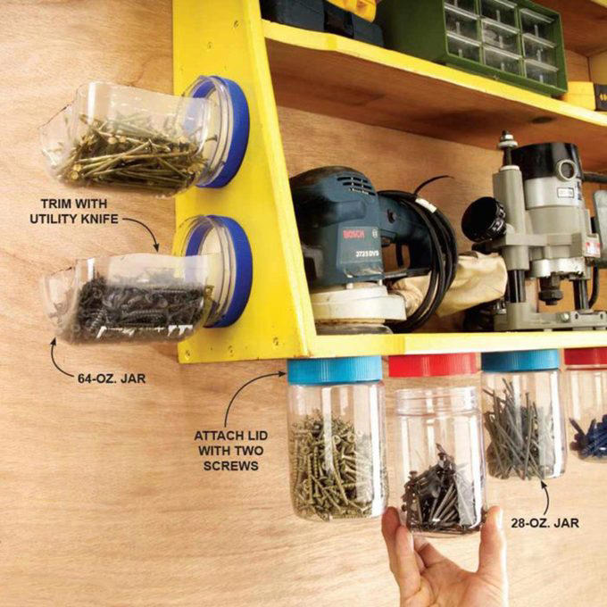 Coffee container, Hose reel, Ice trays, Foam beverage can holders, Use a pool noodle inside a drawer, 5-Gallon buckets, Paper tubes, Toothbrushes, Tennis balls, Milk jugs, Clamshell containers, Pipe insulation, Wine bottle, Gutter garden, Curtain rods, Mesh produce bag, Save your containers, PVC piping, Old clothing, Used or leftover building materials, Old rake, Packing peanuts, Use an old eyeglass case for hardware storage, Gardening tool hack, Wine cork caulk saver, Pop tops, Old sneaker, Bread tabs, Pie plate, Egg cartons, Tape containers, Wine box shoe storage, Garden hose, Old gloves, Three-ring binder spine, Painter’s plastic, Coffee bag ties, To-go coffee cup, Rx bottle for storing fasteners, Tissue box, Peanut butter jars, Golf tees, Bike inner tubes, Grated cheese container, Garment bag, Spray paint organizer, Flexible drainage pipe, Plastic shelving units, Wire mesh fence, Key ring, Toothbrush holder, Cooking cooling racks, Save those caps!, Pet collar, Old trash cans, Tomato cage, Cleaned out grill, Milk crates, Broken laundry basket, Floral water tubes, Drill box reuse, Floor tiles for drawer liners, Paint tray, Fence post, Electrical box, Twist ties, Clothespins, Electrical wire, Golf club covers, Yardstick, Shelf liner, Flowerpot drip pans, Laundry jug watering can, Bucket lids, Cereal box, Coffee carry-all, Bubble wrap®, Rubber chair leg cap, No-slide knee pads, Appliance and tool manuals, Chip clips