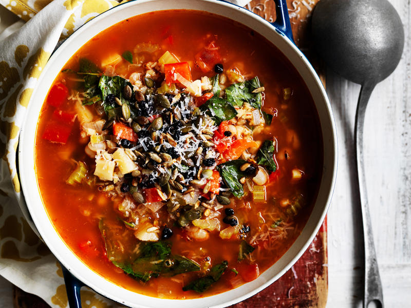 Can I freeze these soups?, Vegetable soup recipes to try,          Quick &amp; easy minestrone &amp; ravioli soup      ,          Quick &amp; easy potato soup with cheddar toasts      ,          Traditional Italian minestrone soup      ,          Smoky mushroom soup with garlic labne      ,          Indian-spiced red lentil and pumpkin soup      ,          Slow cooker curried lentil and tomato soup      ,          Potato and pea soup with pesto, ricotta cream and crispy croutons      ,          Slow-cooker coconut pumpkin soup      ,          Tuscan tomato bread soup      ,          Speedy tofu laksa      ,          Mushroom hot &amp; sour soup      ,          Broccoli and kale soup with lemon creme fraiche      ,          Roasted tomato soup with broccoli pesto      ,          Cauliflower cream soup with mushrooms      ,          Barley and vegetable soup with crunchy seeds      ,          Sweet corn soup with ginger      ,          Spinach, rocket &amp; pea soup with brie croûtes      ,          Spiced lentil and roasted kumara soup      ,          Tomato and fennel soup      ,          Spiced carrot soup with smoked almonds      ,          Cauliflower and parsnip soup      ,          Cream of celeriac soup      ,          Creamy sweet potato and fennel soup with parmesan wafers      ,          Ratatouille soup with pistou      ,          Moroccan vegetable soup with harissa      ,          Spiced pumpkin soup with cinnamon cream      ,          Potato soup with capsicum &amp; almonds      , What to serve with these vegetable soups, More vegetarian comfort meals