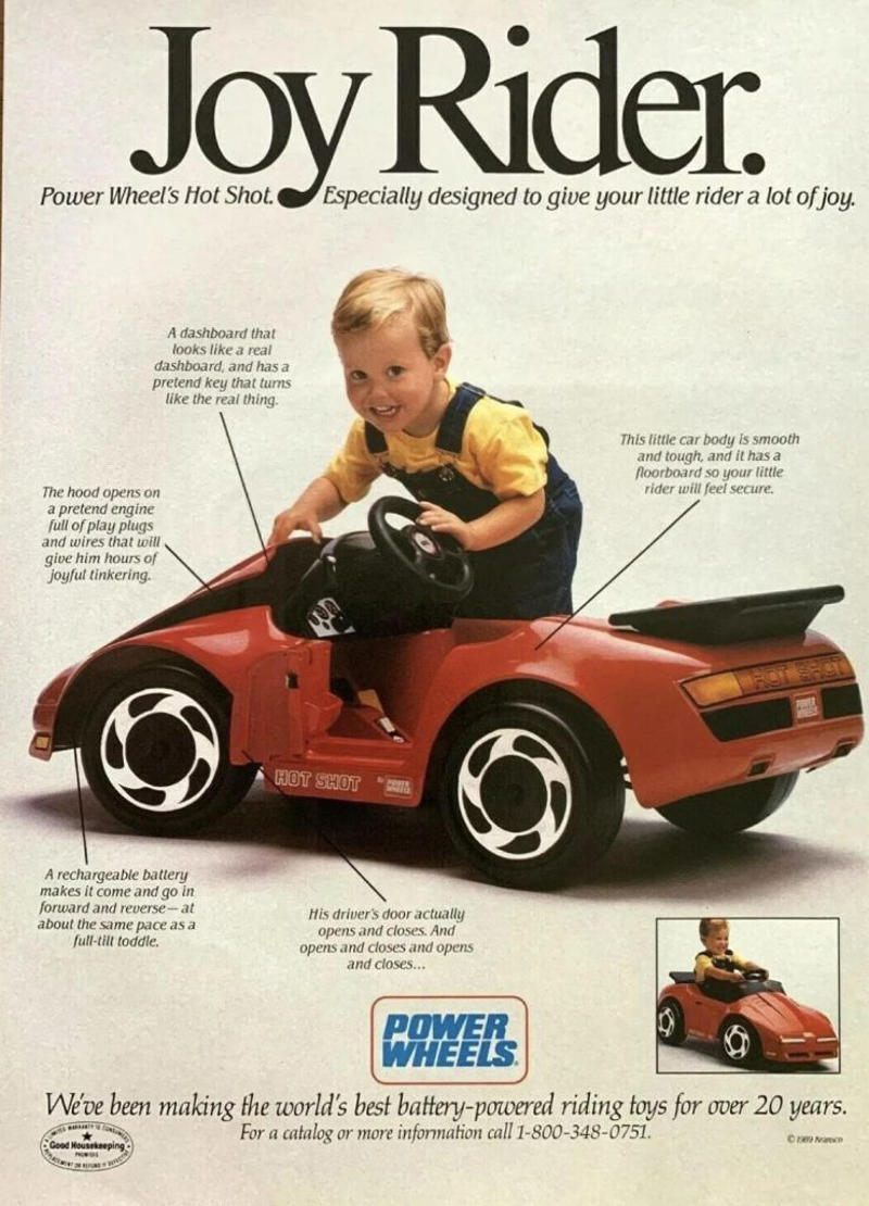 13. Fisher-Price Power Wheels (Early Models) 1. CSI Fingerprint Examination Kit, 2. Johnny Reb Cannon, 3. Fisher-Price Power Wheels, 4. Pogo Balls, 5. Moon Shoes, 6. Mad Science Kits, 7. Stretch Armstrong, 8. Big Wheel Tricycles, 9. Water Wiggle, 10. Super Elastic Bubble Plastic, 11. Zulu Blowgun, 12. Wham-O Air Blaster, 13. Rocket Firing Boba Fett, 14. Space Hoppers, 15. Plastic Sword and Shield Sets, 16. Super Elastic Bubble Plastic, 17. Dip-a-Flower, 18. Disc-o-Punch, 19. Wham-O Slip N’ Slide, 20. Shrinky Dinks, 21. Lawn Darts or Jarts, 22. Clackers, 23. Creepy Crawlers ThingMaker, 24. Battlestar Galactica Missile-Firing Toys, 25. Gilbert U-238 Atomic Energy Lab, 26. Snacktime Cabbage Patch Kid, 27. Sky Dancers, 28. Easy-Bake Oven, 29. Kenner’s Alien Action Figure, 30. Slap Bracelets