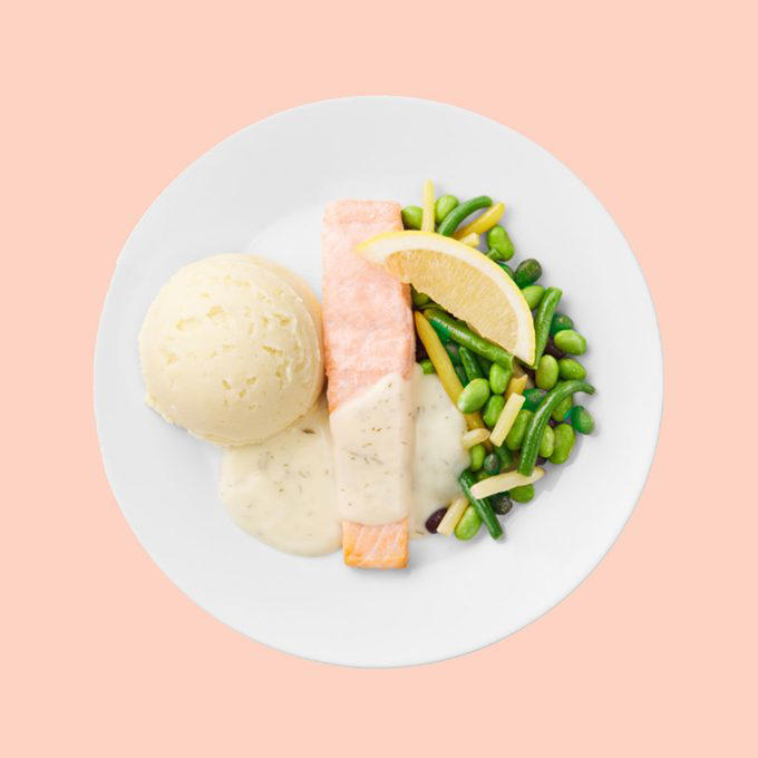 Plant Balls, Macaroni and Cheese, Chicken Tenders, Salmon Filet, Shrimp Salad, Marinated Salmon, Veggie Balls, Garlic Lemon Cod, All the Desserts, Swedish Meatballs